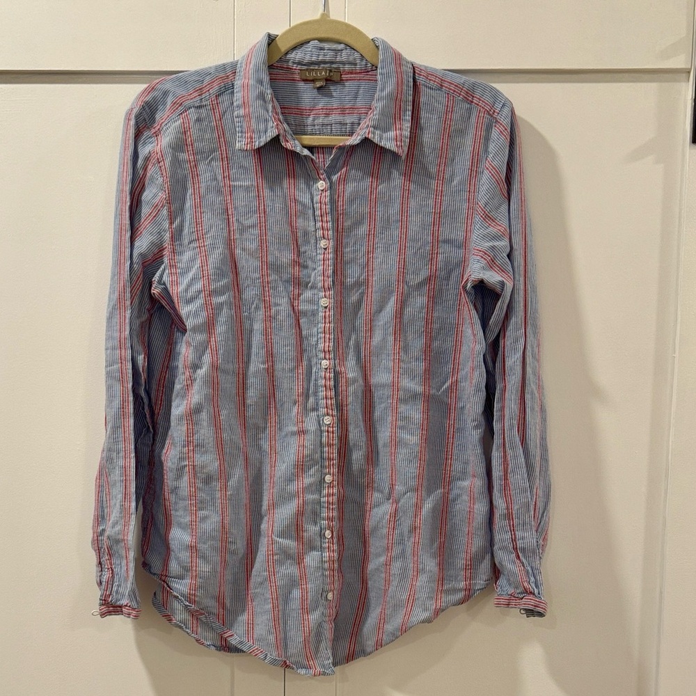 Lilla P Striped Button-Down Shirt in Blue and Red